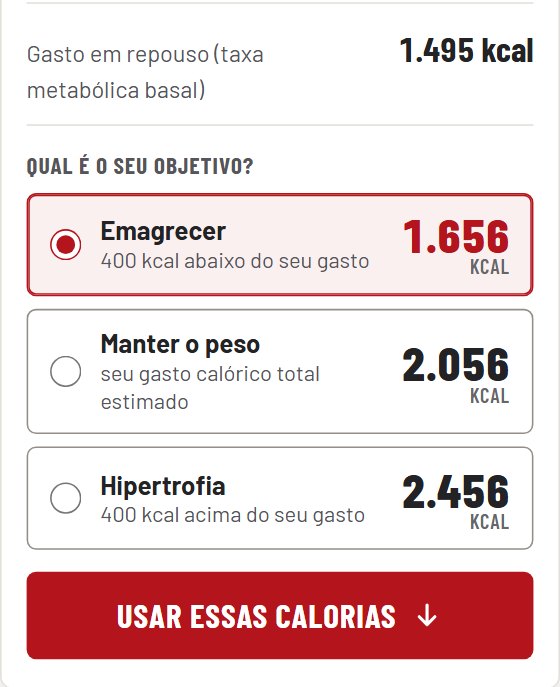 Calculadora mostrando o gasto em repouso e as calorias para emagrecer, manter o peso ou ganhar massa, com emagrecer escolhido